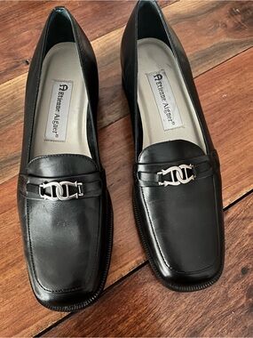 Etienne Aigner Black Leather Loafers with Silver Hardware